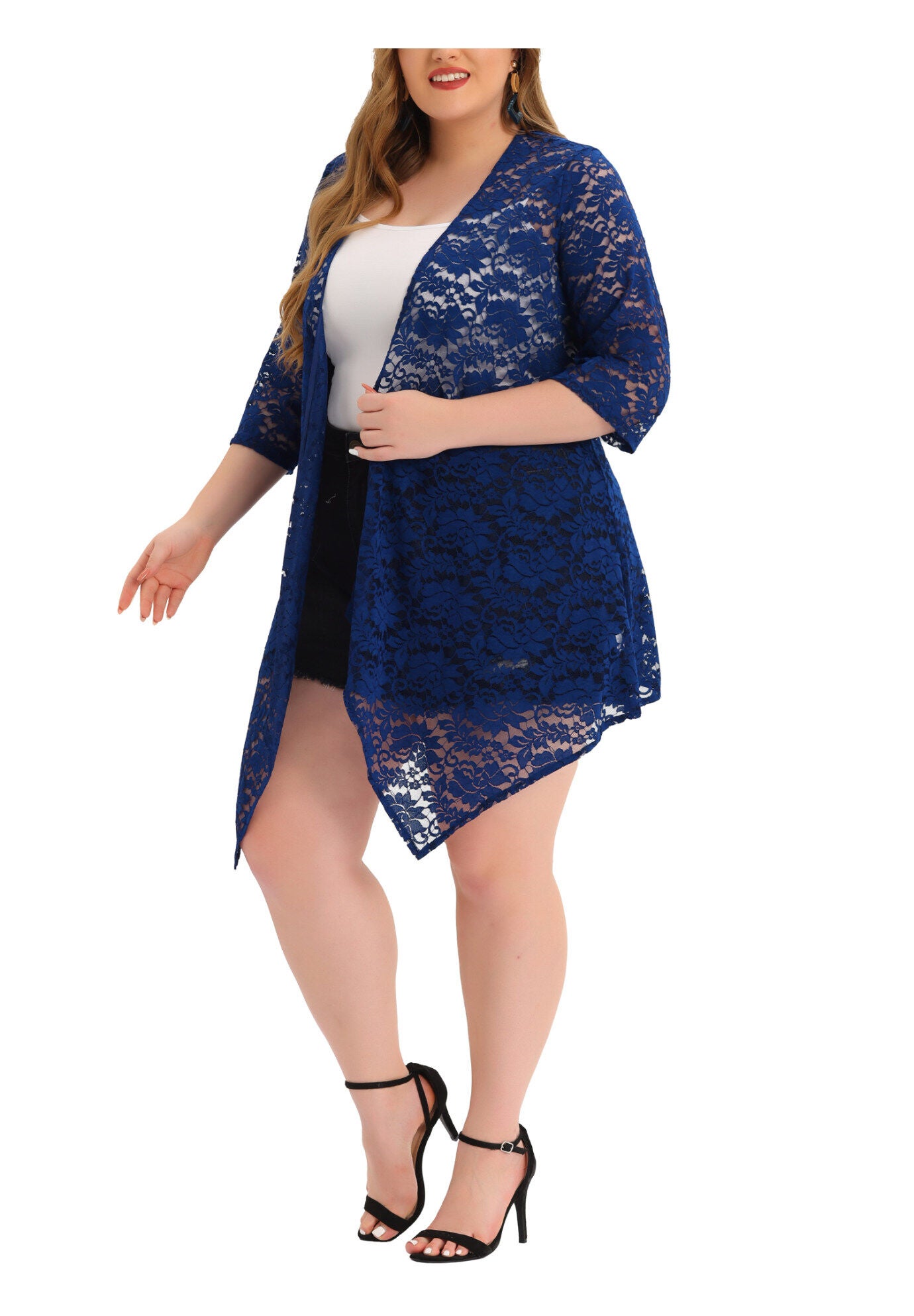 OPEN FRONT 3/4 SLEEVES CROCHET CARDIGAN COVER UP, Blue / Azure Blue, alternate image number 2