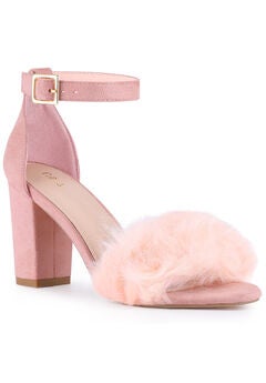 Fluffy Feather Ankle Strap Block Heel Sandal