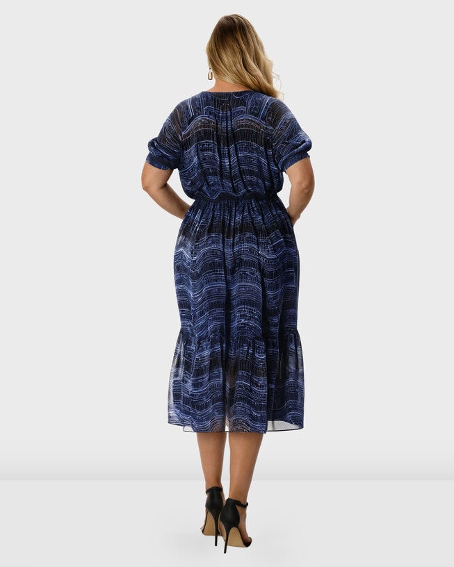 Stripe lace print georgette ruffle flounce crewneck dress, , alternate image number null