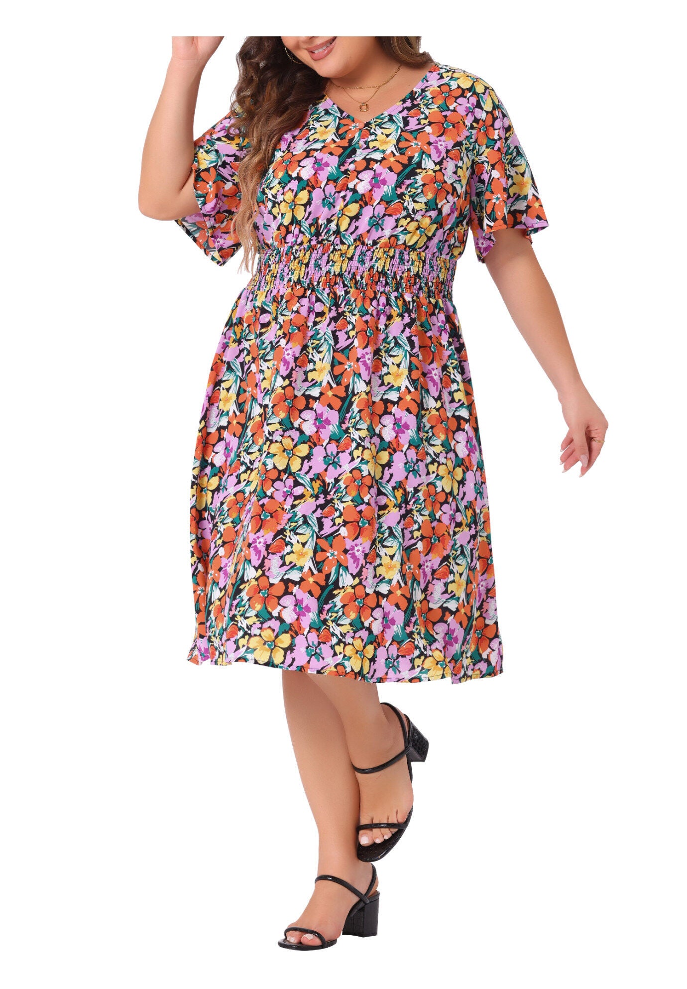 Summer Elastic Waist V Neck Short Sleeve Floral Midi Dress, Orange Yellow / Orange, alternate image number 1