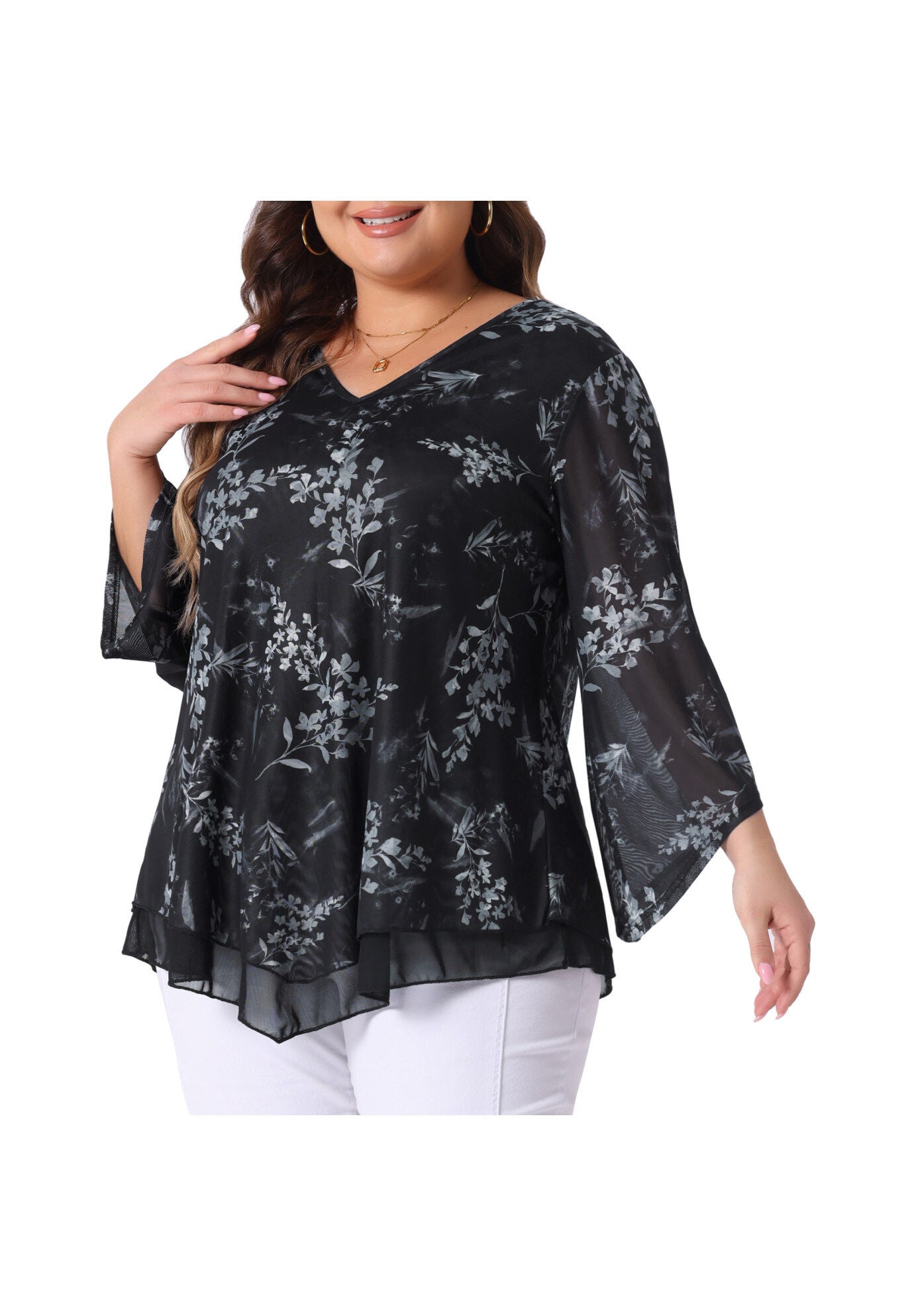 V Neck Mesh Flowy 3/4 Flared Sleeve Tunic Blouse Top, Black / Black, alternate image number 1