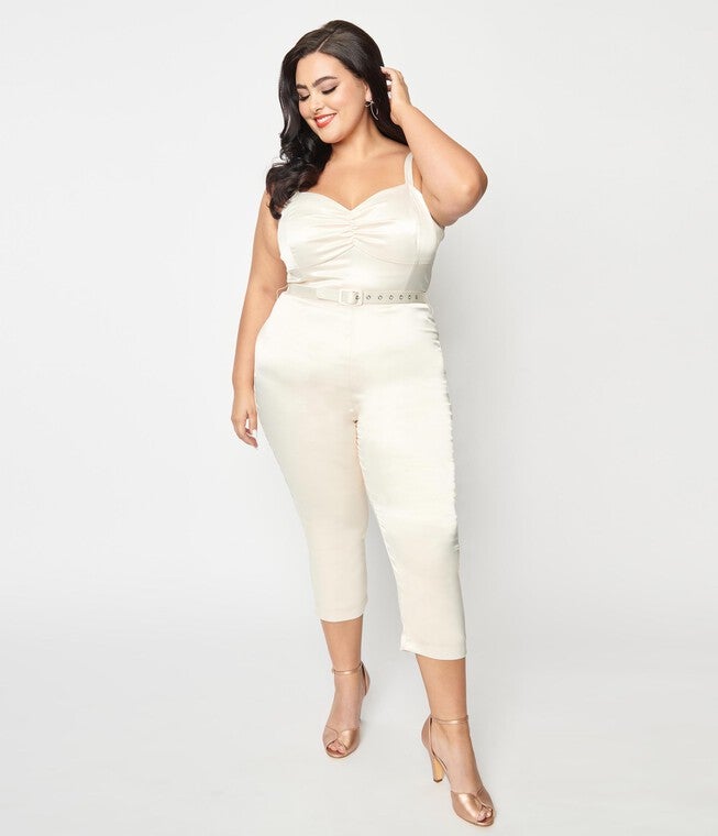 Unique Vintage Cream Satin Bridal Marcel Jumpsuit, White / White, alternate image number null