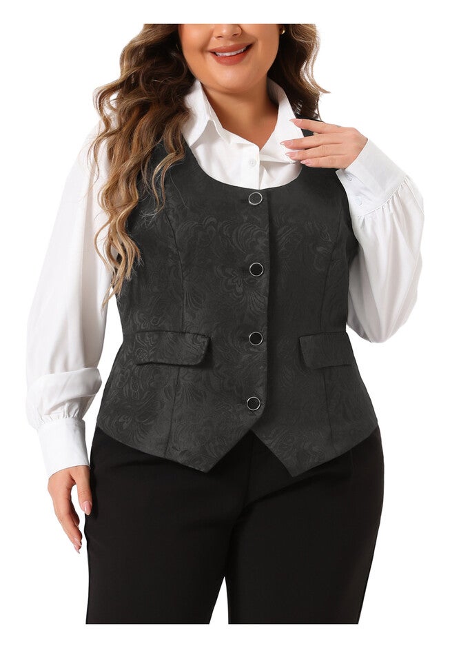 SLEEVELESS JACQUARD STEAMPUNK WAISTCOAT VEST, Black / Black, alternate image number 2