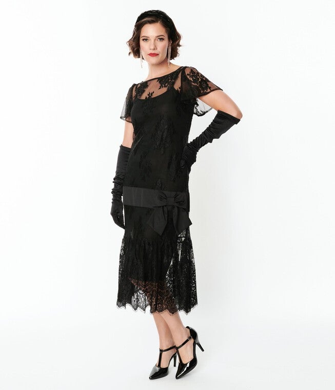 Unique Vintage Black Lace & Bow Flapper Dress, Black Floral Lace Bow / Black, hi-res image number null