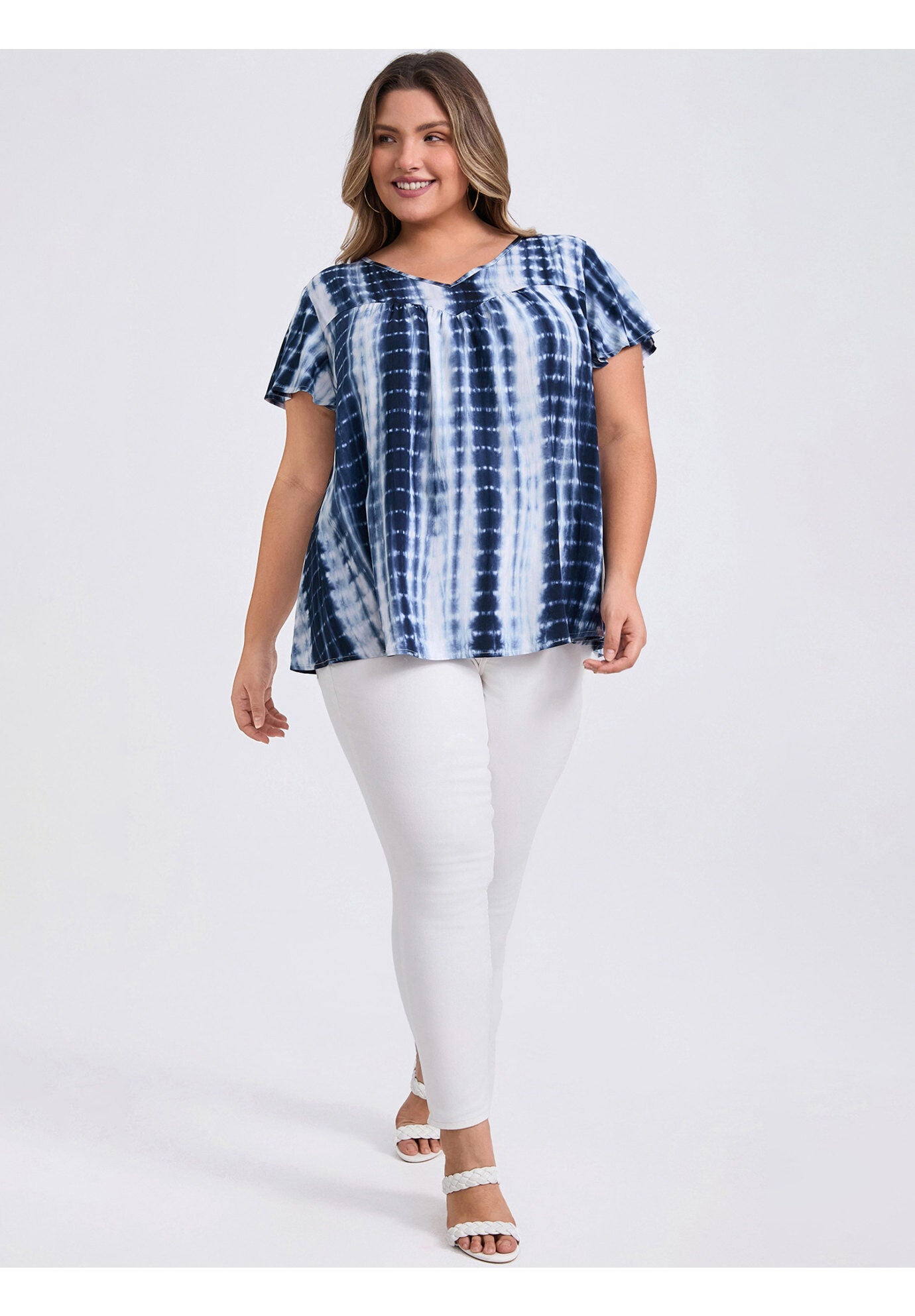 Tie Dye V Neck Ruffle Short Sleeve Pleated Blouse, Dark Blue / Navy, alternate image number 1