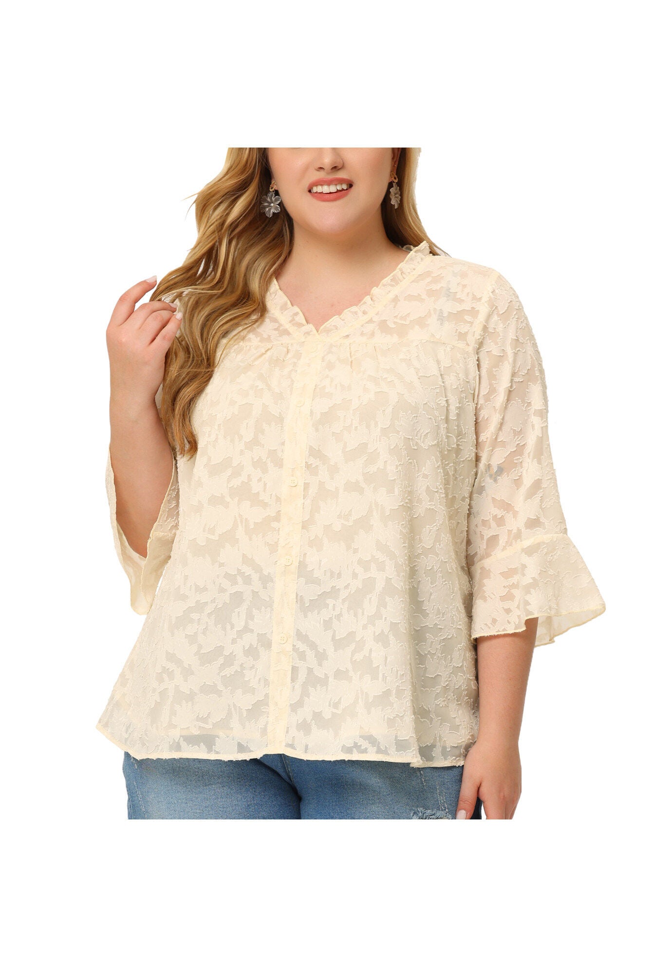 Ruffle V Neck 3/4 Bell Sleeve Semi Sheer Blouse, Apricot / Cream, alternate image number 2