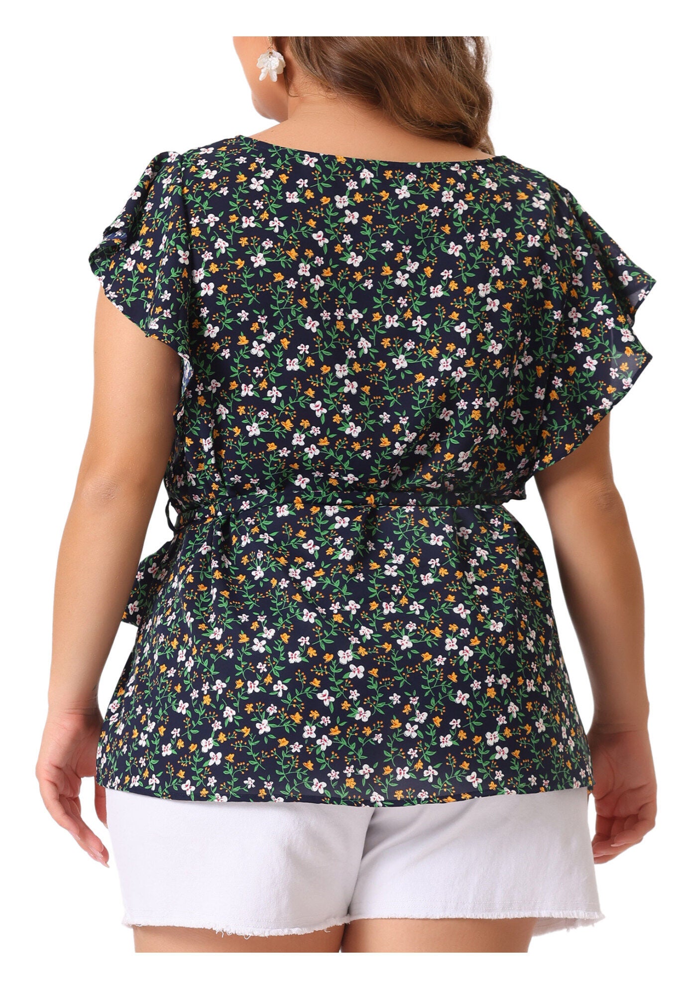 Summer Top Floral Tie Waist Short Sleeves Casual Blouse, Black / Black, alternate image number 3