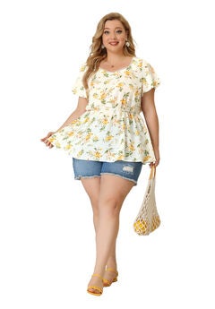 Peplum Top Flare Short Sleeve Sweetheart Neck Summer Floral Blouse