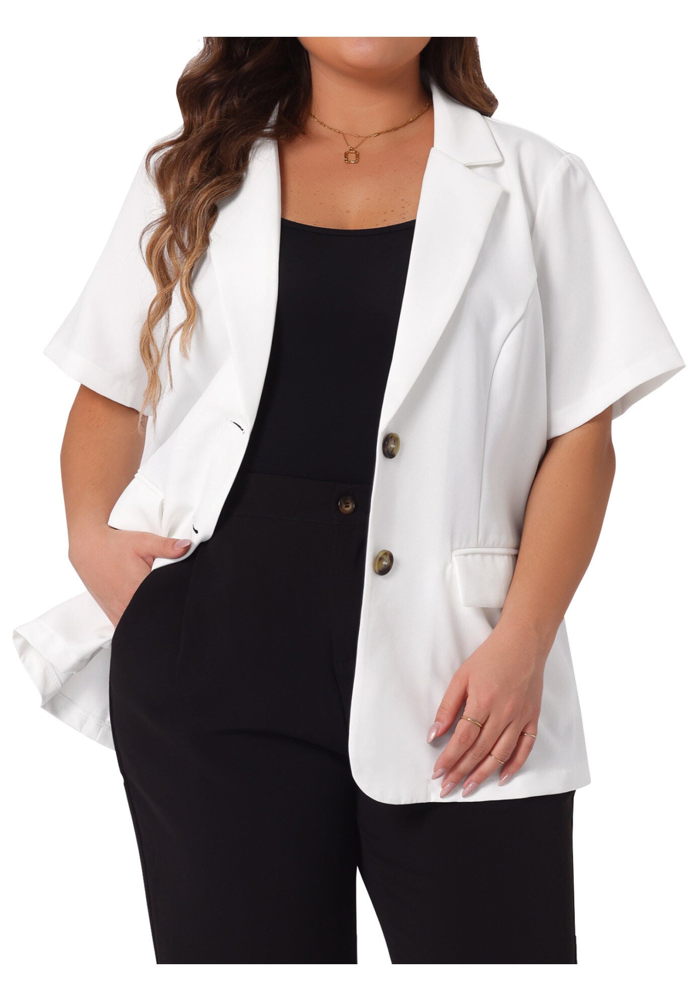 SHORT SLEEVE NOTCHED LAPEL BUTTON WORK BLAZER, White / White, alternate image number 2