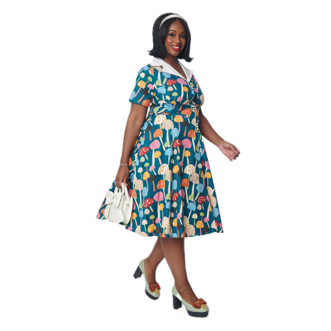 Unique Vintage Teal & Multicolor Mushroom Swing Dress, Teal  Rainbow mushroom / Teal, hi-res image number 0