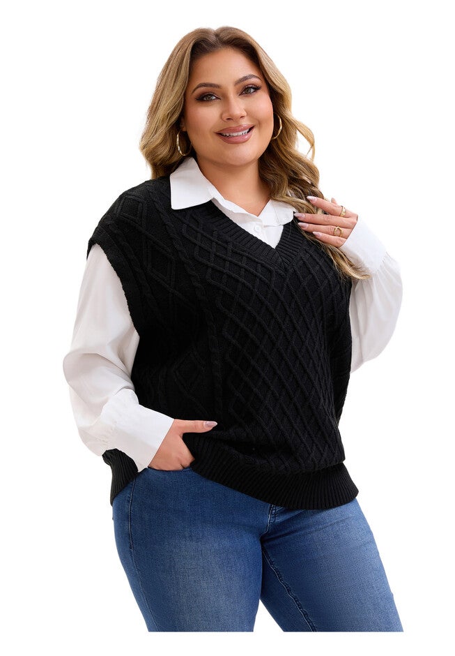 V Neck Knit Solid Ribbed Pullover Sweaters Vest, Black / Black, alternate image number 1