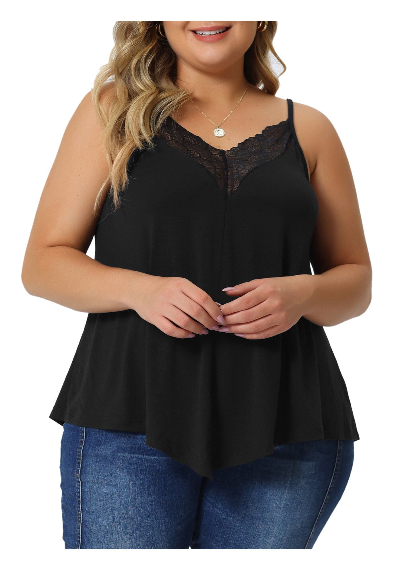 V-NECK LACE FRONT SPAGHETTI STRAP SLEEVELESS CAMI TANK TOP, Black / Black, alternate image number 1