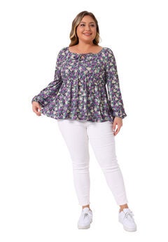 Sweetheart Neckline Long Sleeve Floral Peplum Top