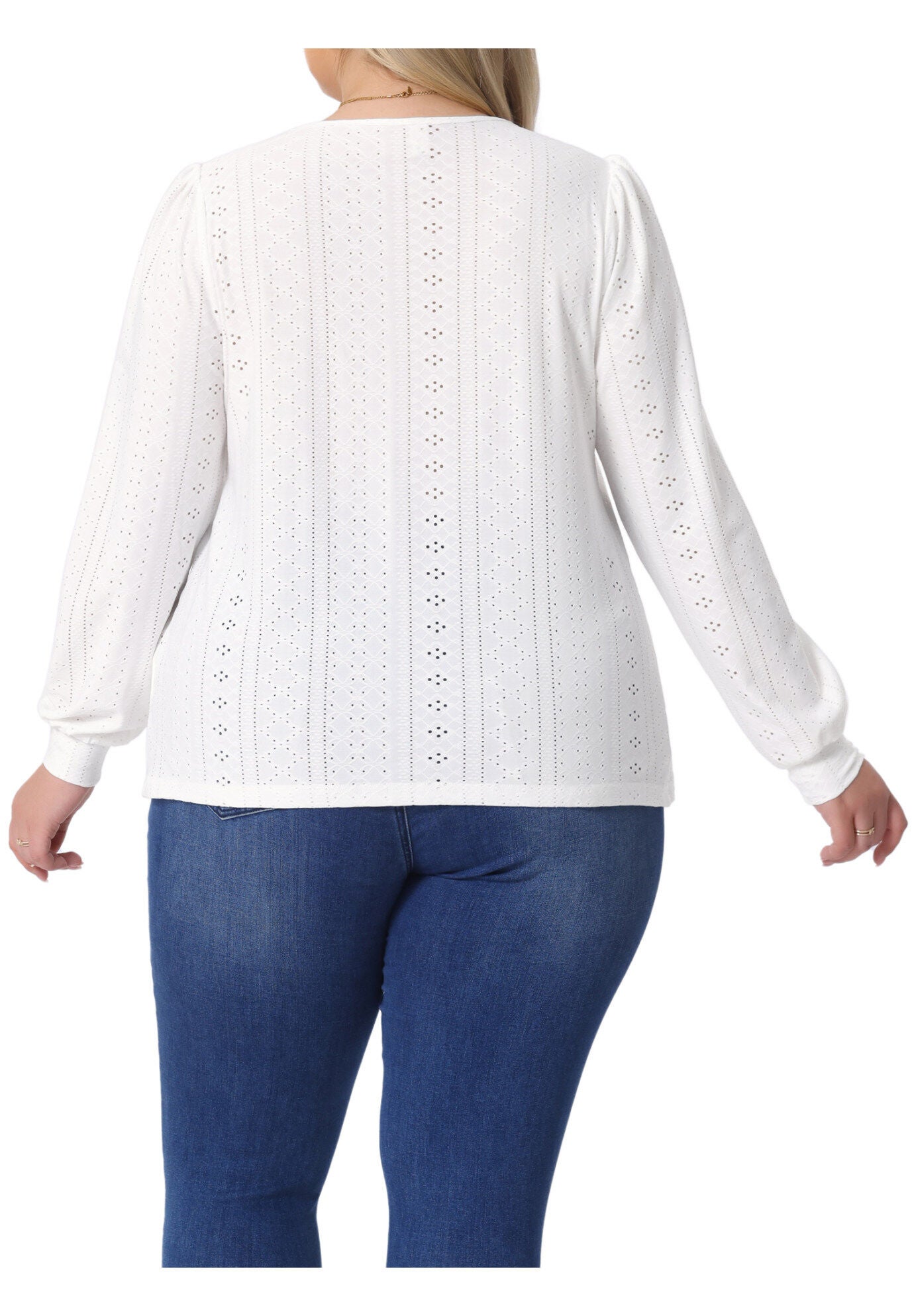 Square Neck Hollow Long Sleeve Eyelet Blouse, White / White, alternate image number 3
