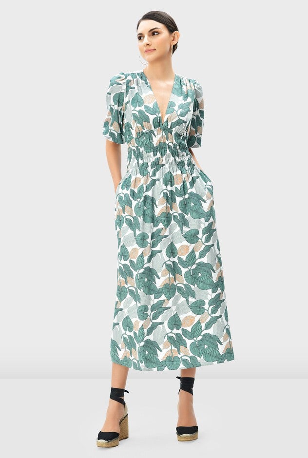 Smocked Empire Waist Leaf Print Cotton Poplin Dress, White / Mint, alternate image number null