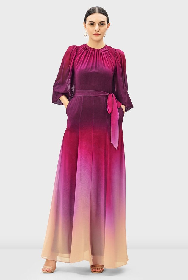 Ombre print georgette sash tie dress, Wine / Pink, hi-res image number null