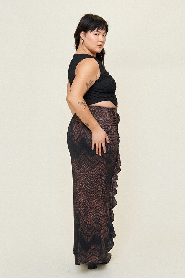 Georgia Mesh Maxi Skirt, Distorted Plaid / Brown, alternate image number 3