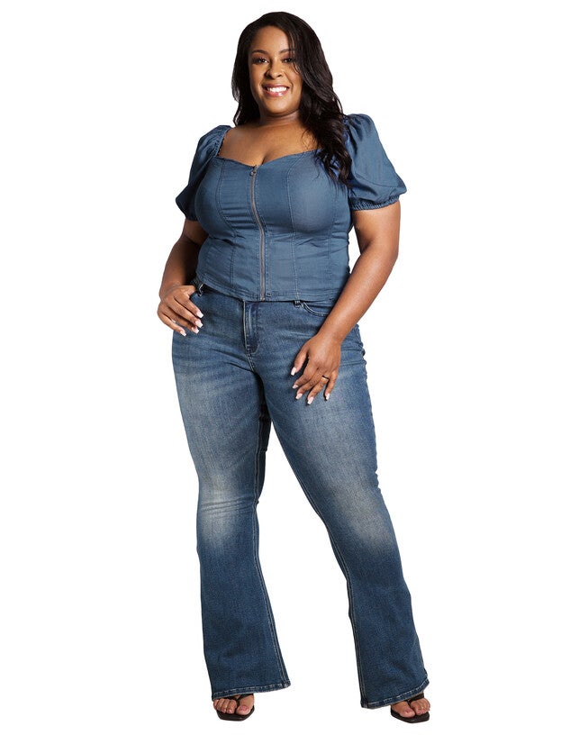 Zola Women's Plus Size Zip Front Puff Sleeves Tencel Corset Top, , alternate image number null