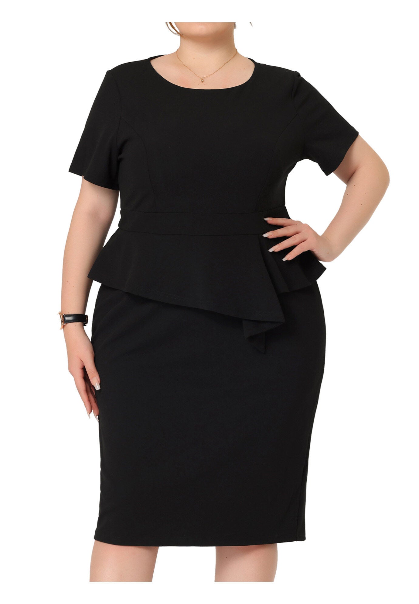 Short Sleeves Crew Neck Office Peplum Pencil Dress, Black / Black, alternate image number 2
