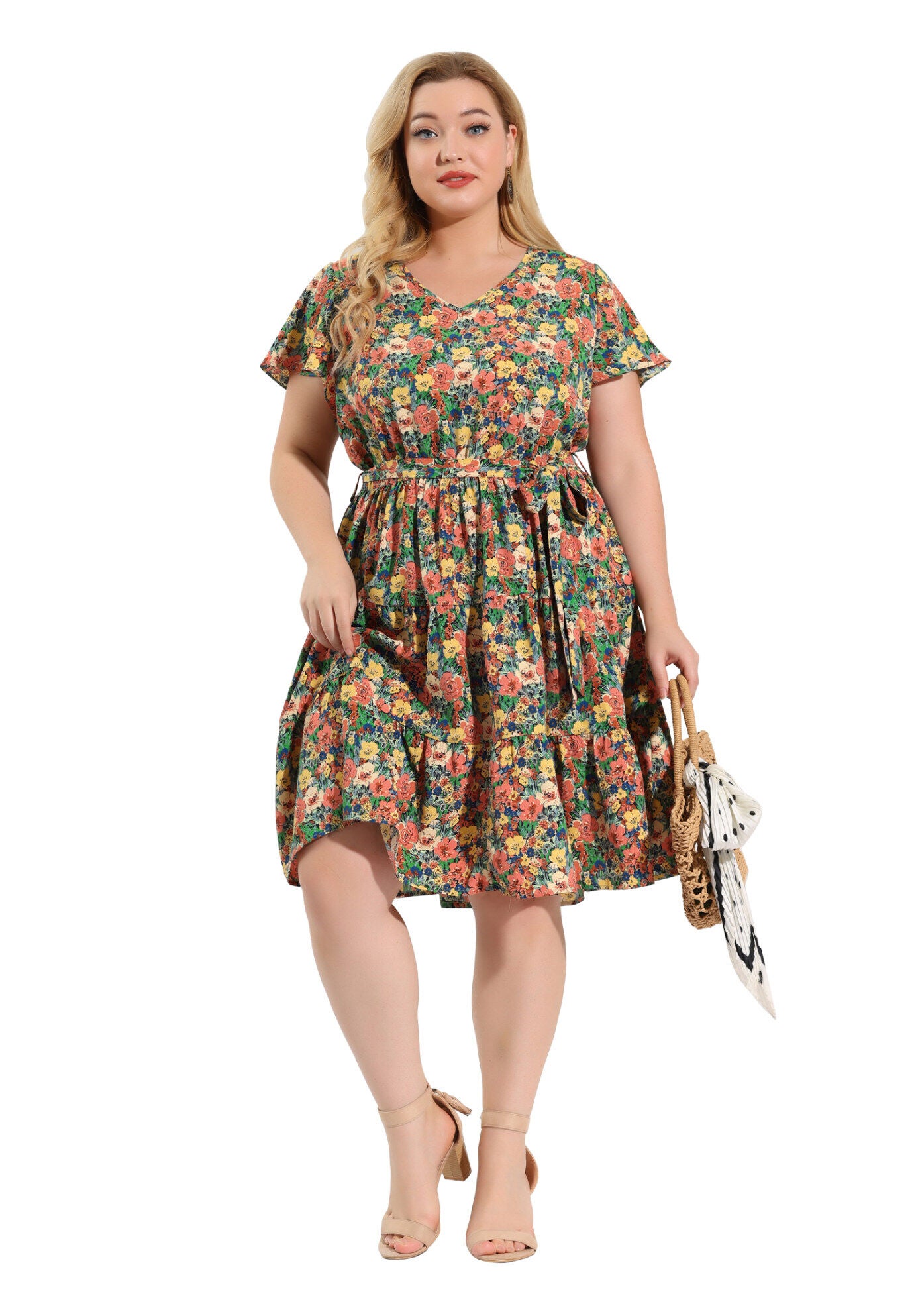 Floral Printed V Neck Summer Midi Flared Dress, Romantic / Light Green, hi-res image number 0