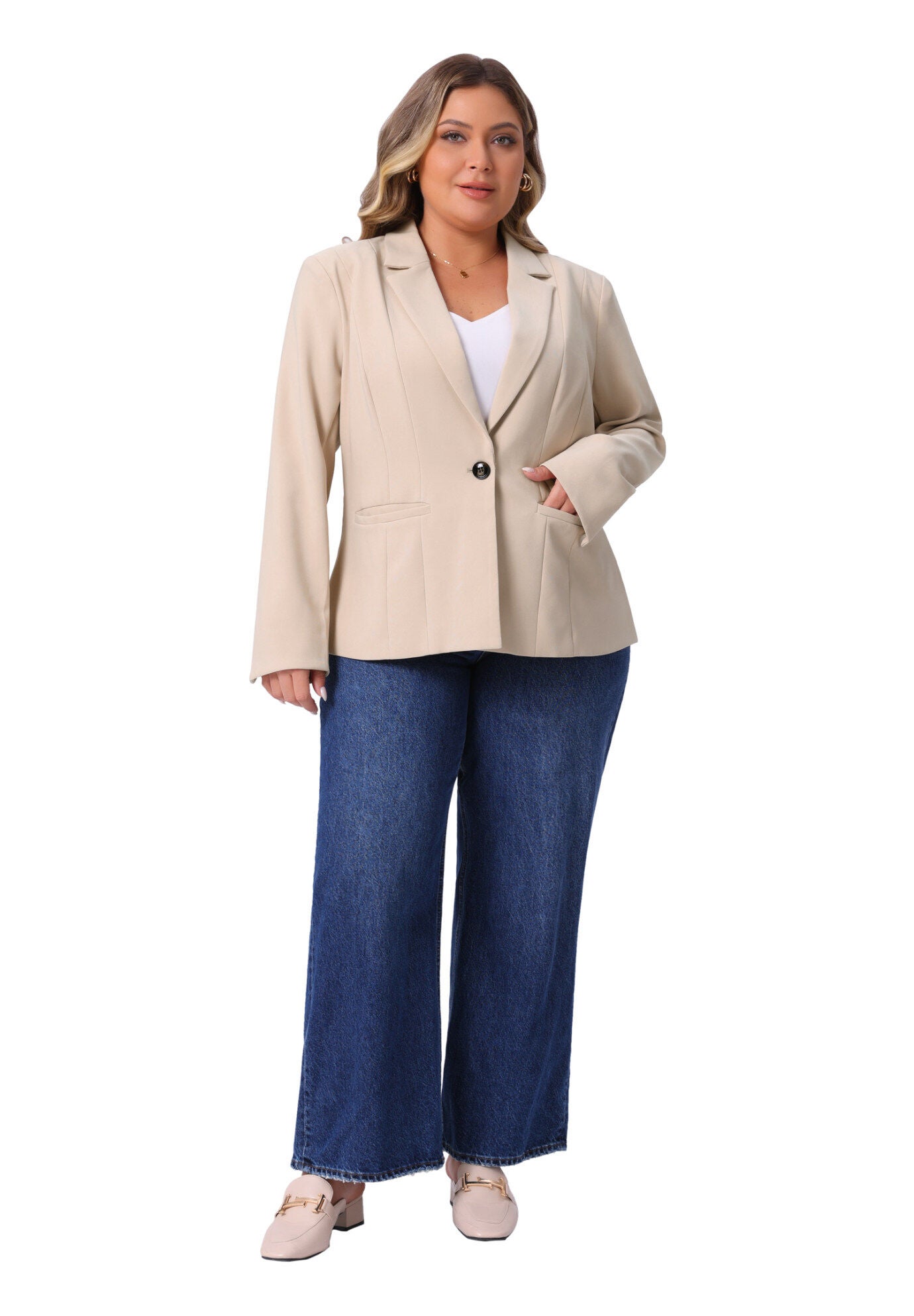 Business Casual Long Sleeve Lapel Pockets Jackets Blazer, Beige / Beige, hi-res image number 0