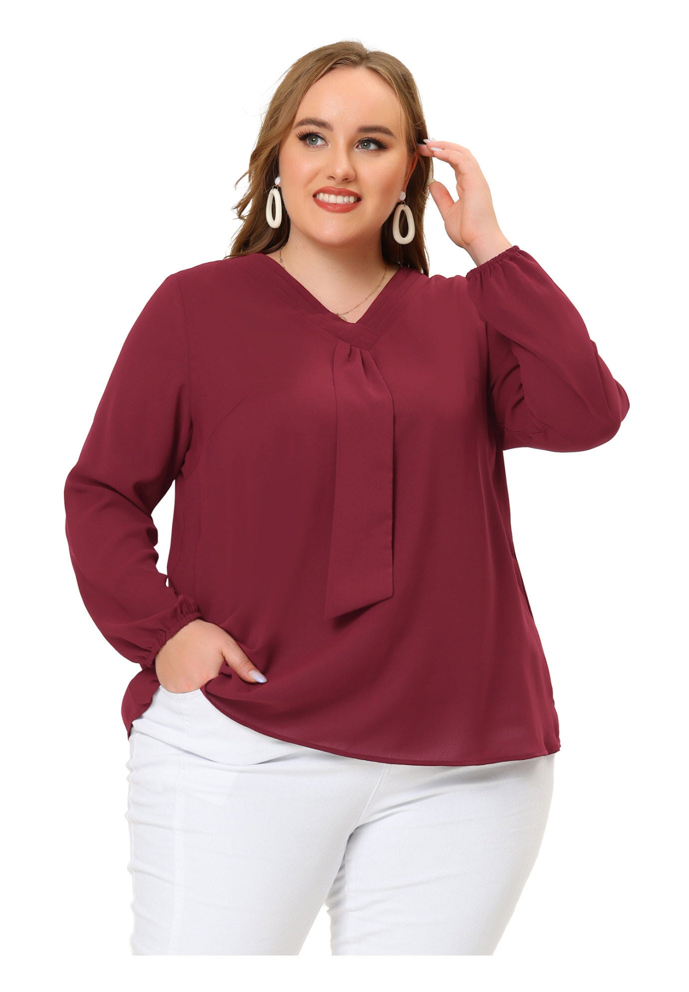 V Neck Long Sleeve Ruffle Tie Front Office Work Chiffon Blouse Top, Burgundy / Burgundy, hi-res image number 0