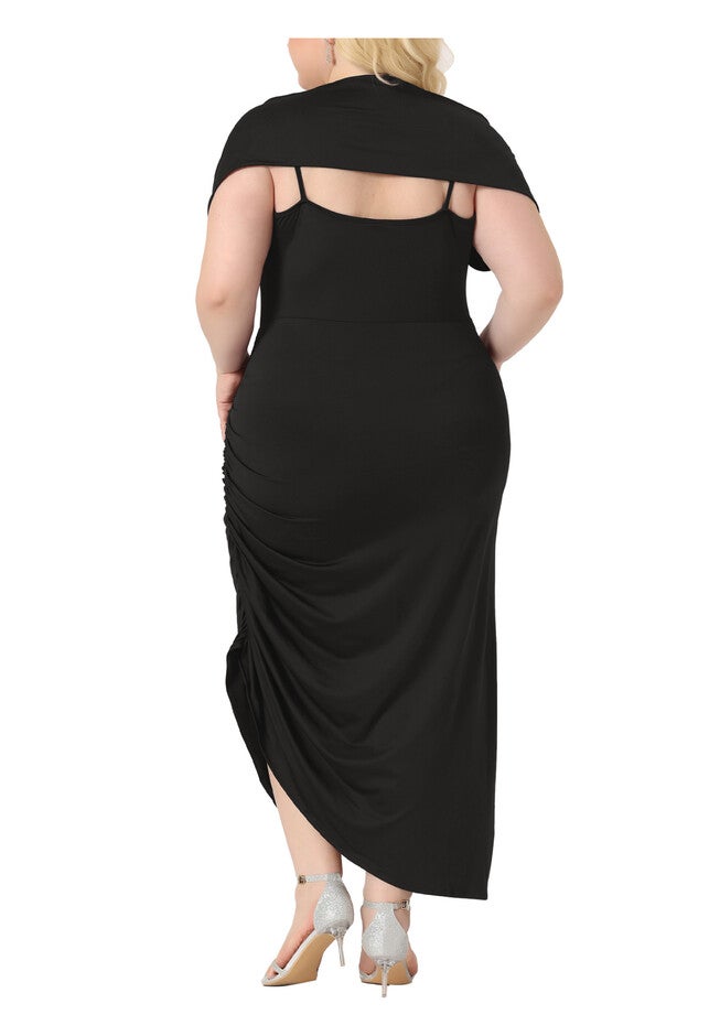Spaghetti Strap Cowl Neck Ruched Cami Bodycon Dress with Shawl, Black / Black, alternate image number null