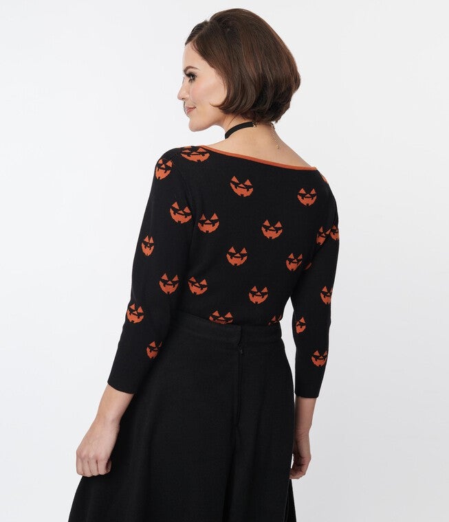 Unique Vintage Black & Orange Pumpkin Crop Cardigan, , alternate image number null