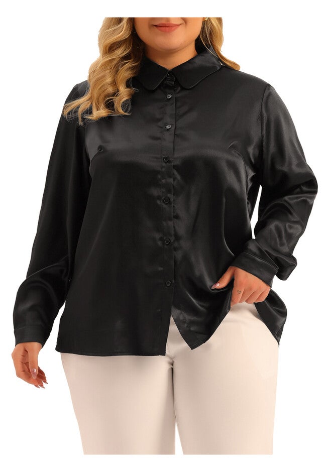 Collar Button Down Satin Shirt Top, Black / Black, alternate image number null