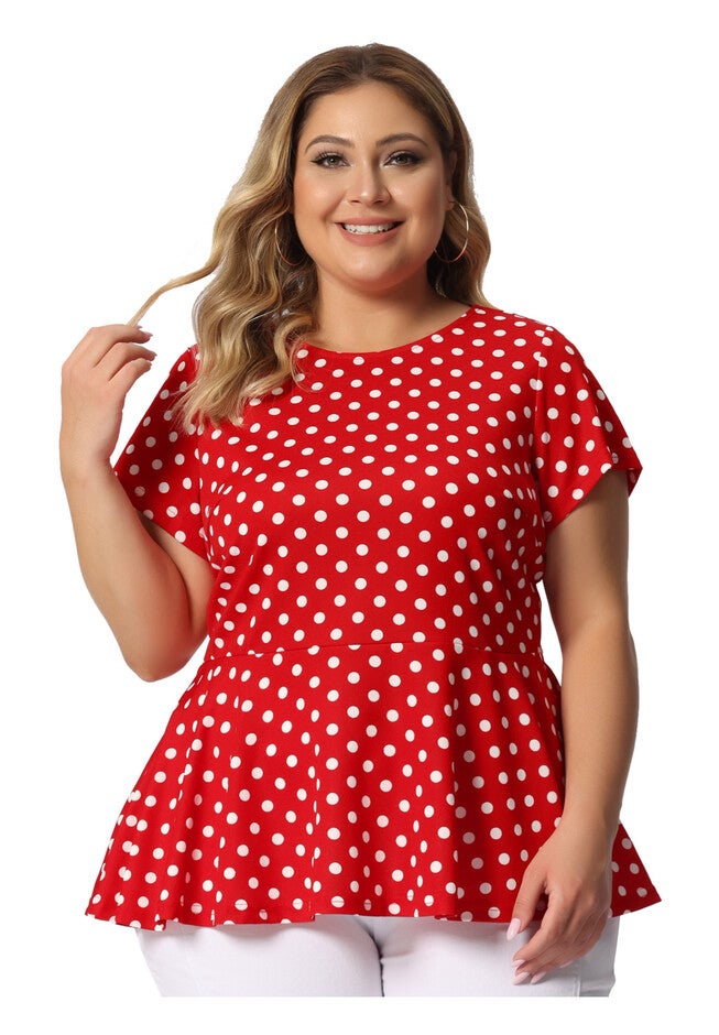 Casual Short Sleeve Polka Dots Peplum Tops Shirts, Red / Red, alternate image number 2