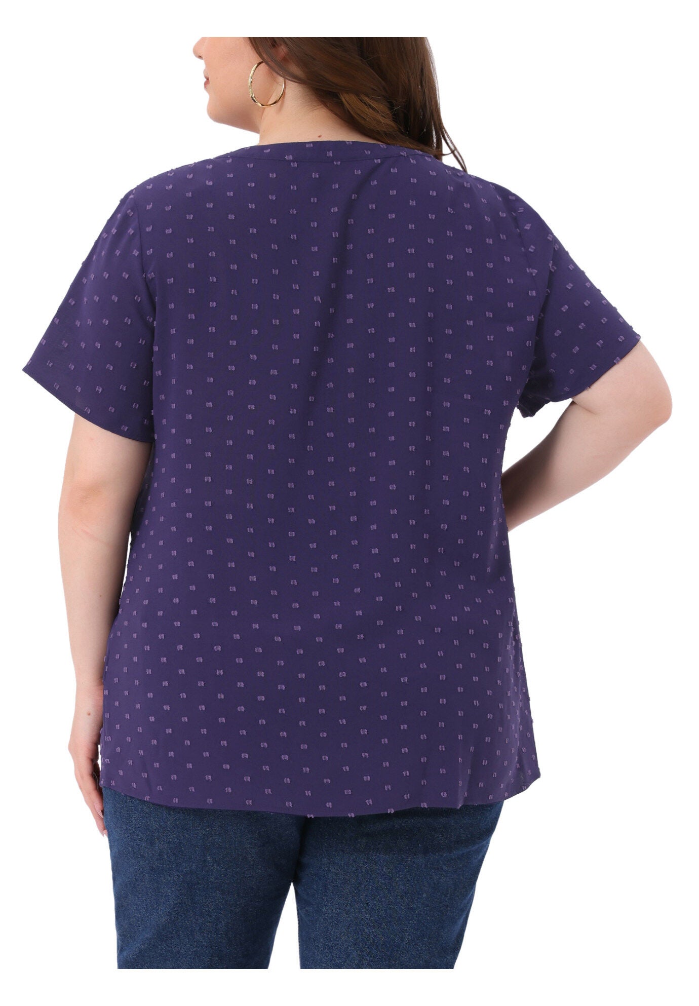 Swiss Dots Notched Neck Short Sleeve Basic Blouse, Dark Blue Purple / Purple, alternate image number 3