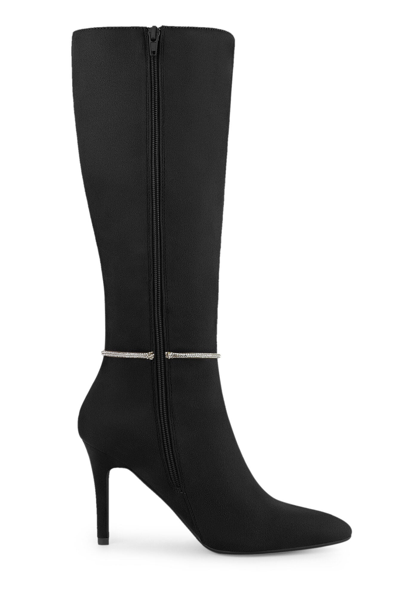 Rhinestone Chain Pointed Toe Stiletto Heels Knee High Boots, Black / Black, alternate image number 4