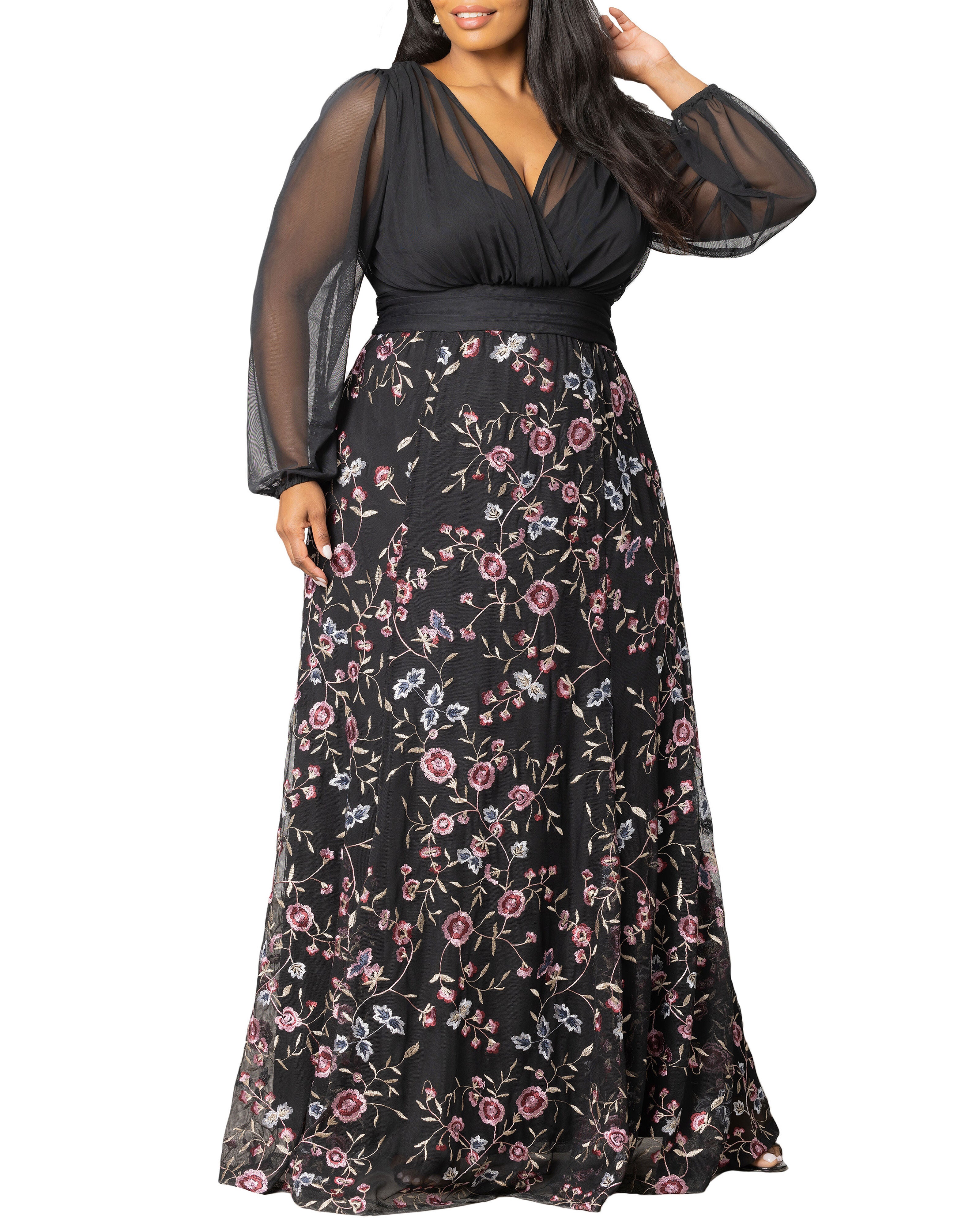 Isabella Embroidered Floral Mesh Gown, MOONLIT GARDEN / Black, alternate image number 1