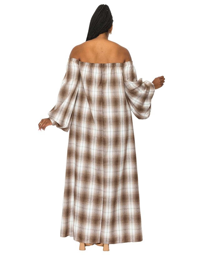 ZOE FLANNEL MAXI DRESS, WhiteBrownSage / White, alternate image number 1