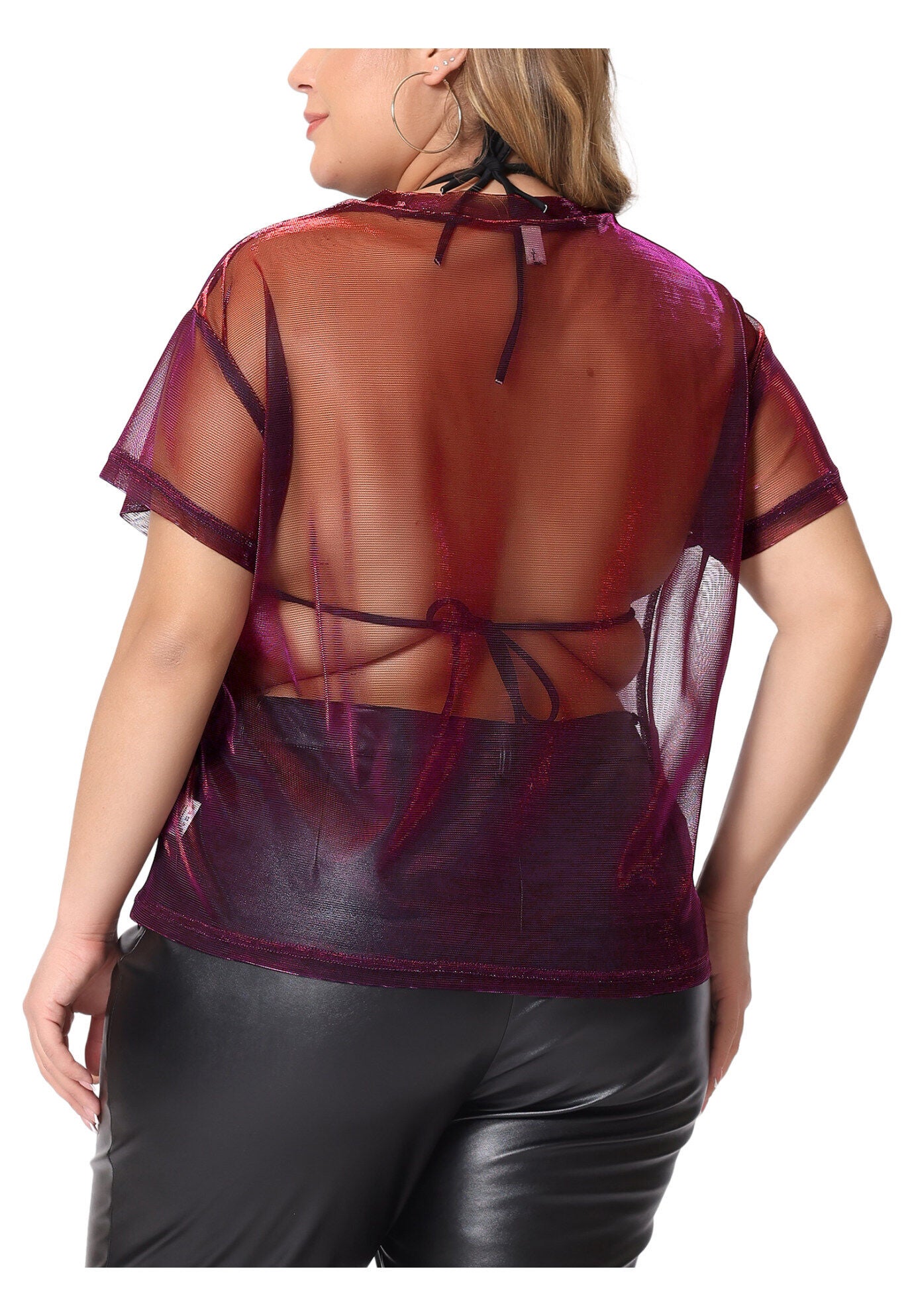 DROP SHOULDER SHEER MESH TOP, Black Red / Red, alternate image number 3