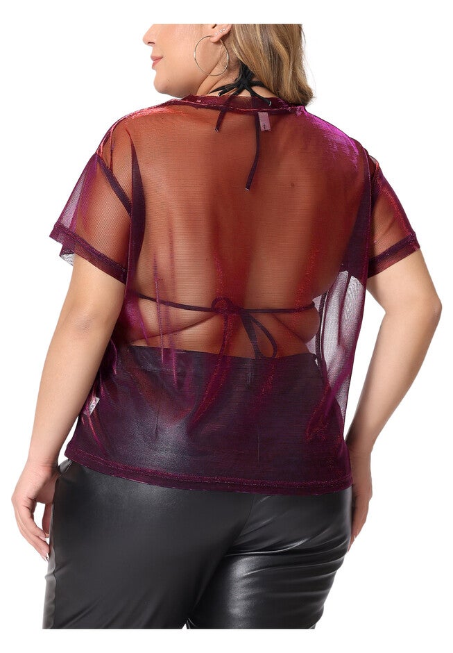 DROP SHOULDER SHEER MESH TOP, Black Red / Red, alternate image number 3