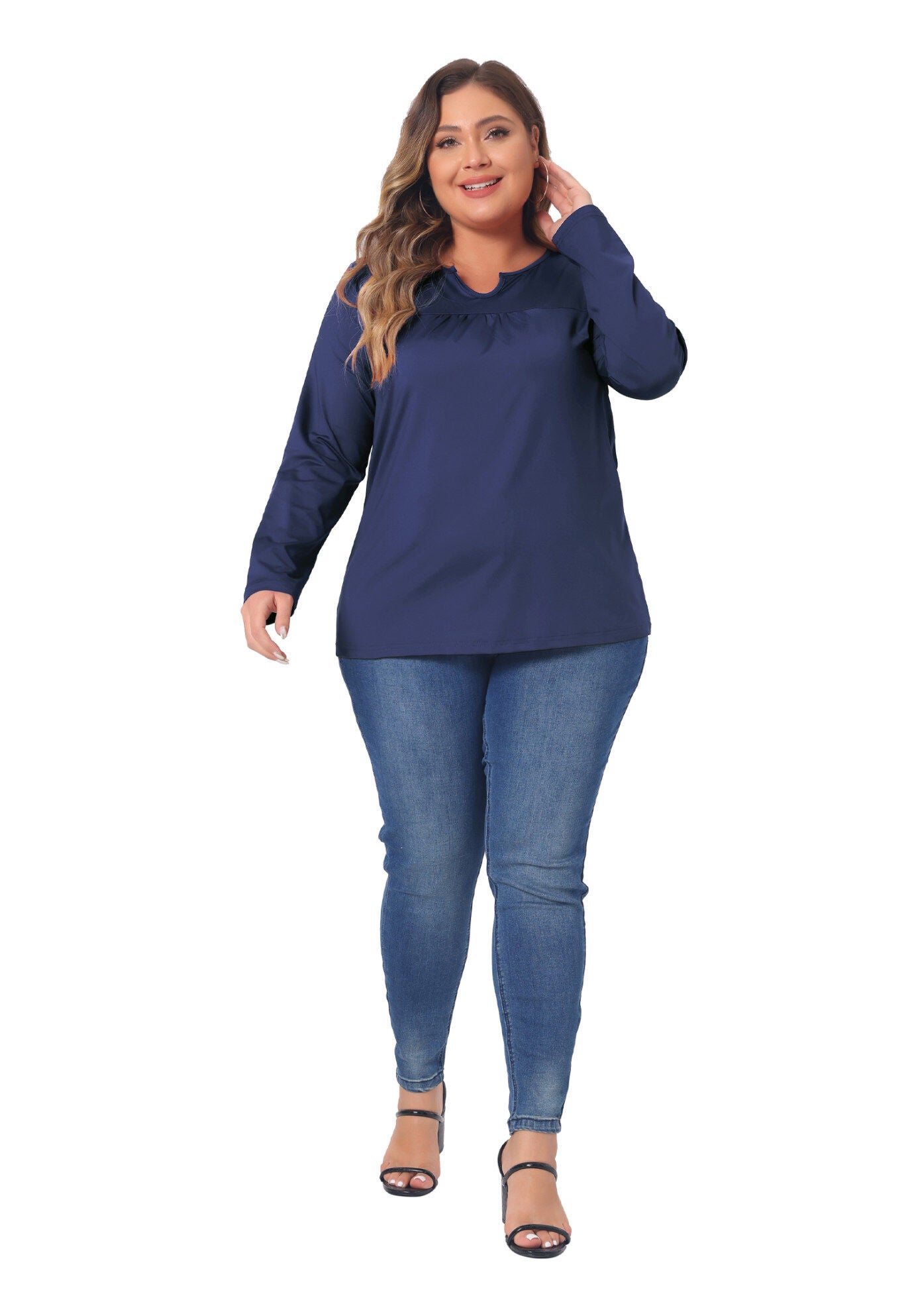 NOTCHED NECK LONG SLEEVE T-SHIRT LOOSE CASUAL TUNIC BLOUSE, Dark Blue / Navy, hi-res image number 0