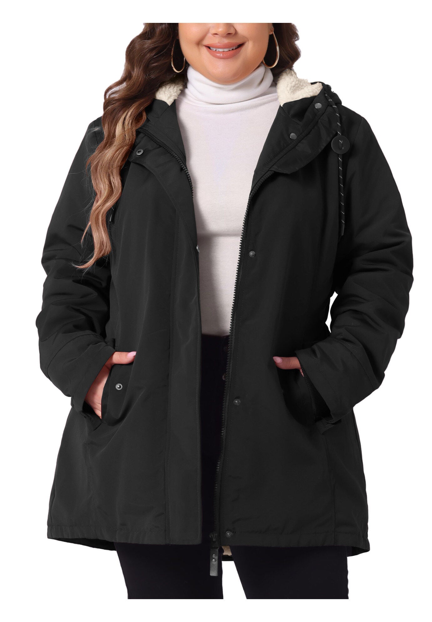 Faux Lamb Fur Leather Button Down Hoodie Parka Coat, Black / Black, alternate image number 2