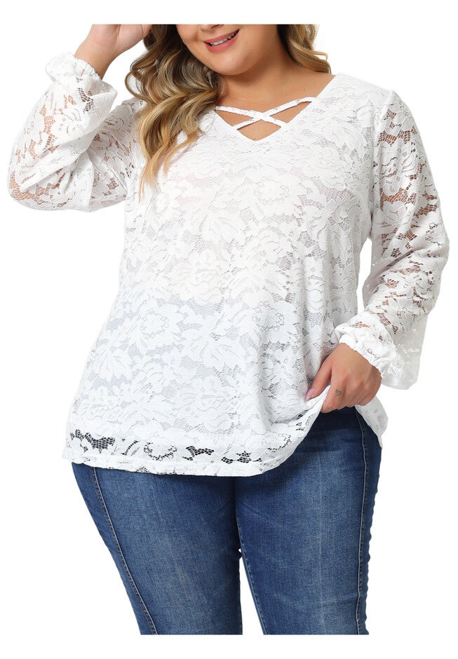 LACE BLOUSE CROSS V NECK SHEER DOUBLE LAYER LONG SLEEVE TOP, White / White, alternate image number 1