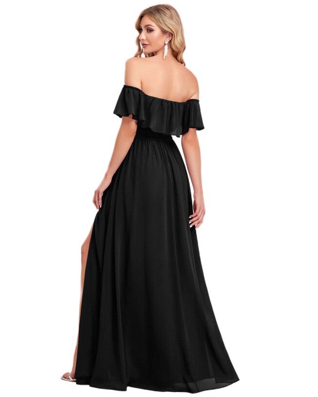 Women's Off Shoulder Ruffle Thigh Slit Bridesmaid Dresses, Black / Black, alternate image number null