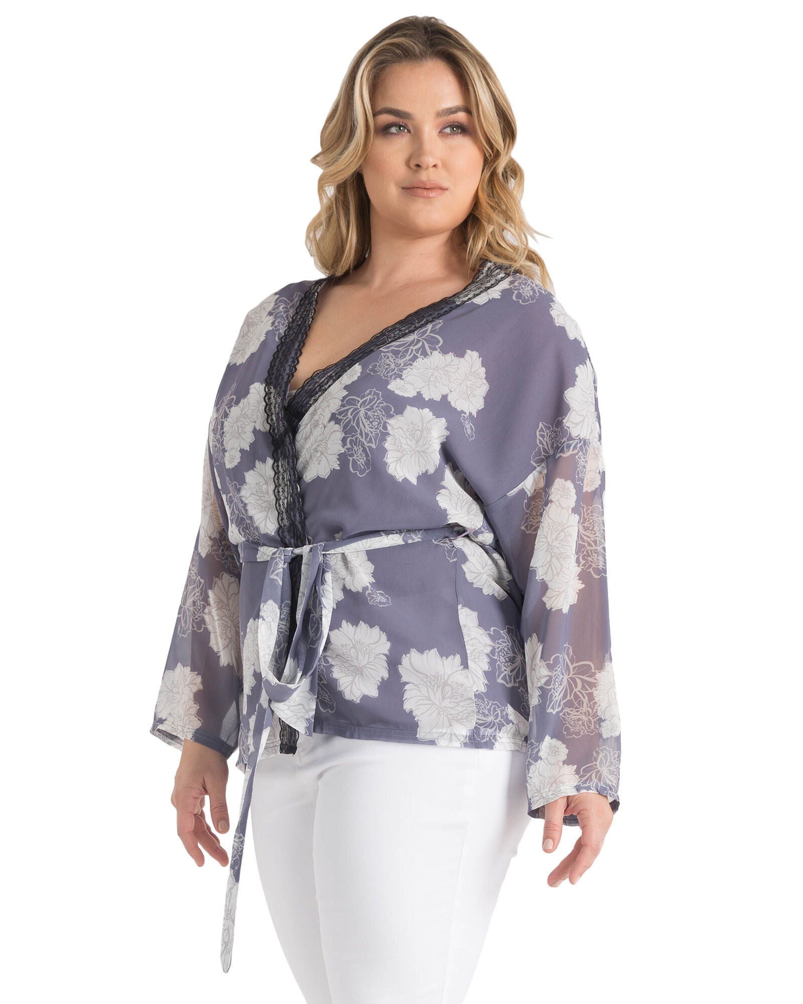 Plus Size Irna Floral Print Belted Kimono Cardigan Cover Up, Purple / Purple, alternate image number 3