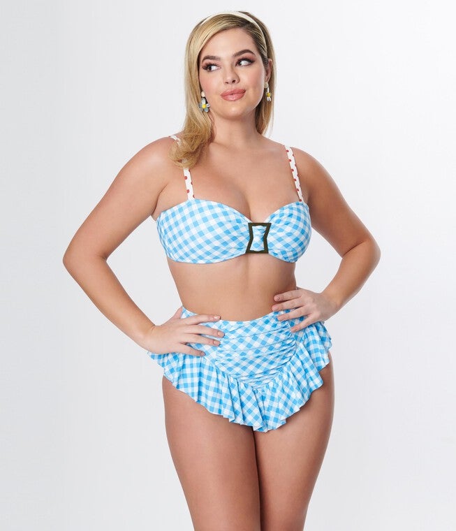 Unique Vintage Blue Gingham Buckle Swim Top, Blue Gingham / Light Blue, alternate image number null