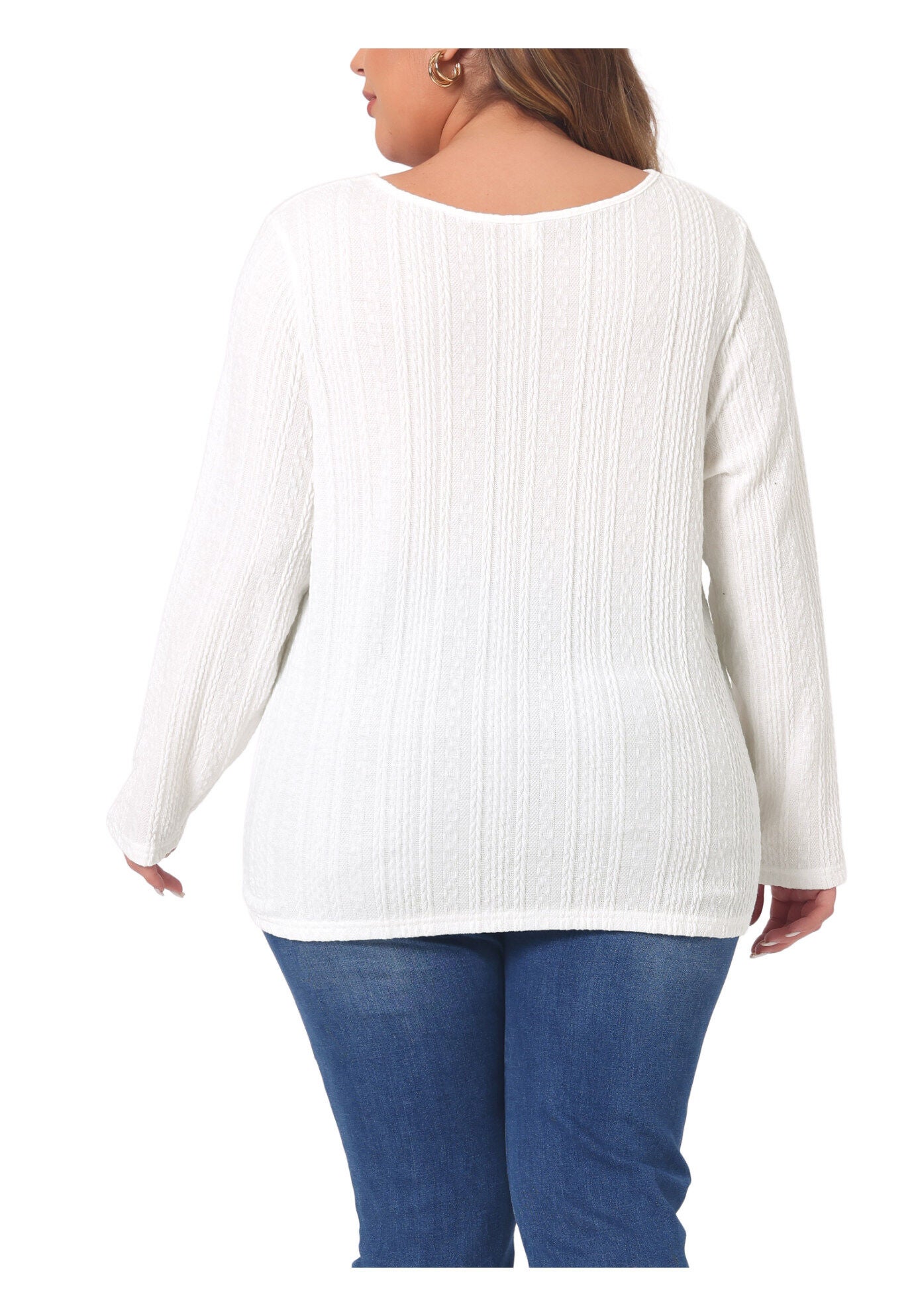 V Neck Long Sleeve Basic Knit Top Tee T-Shirt, White / White, alternate image number 3