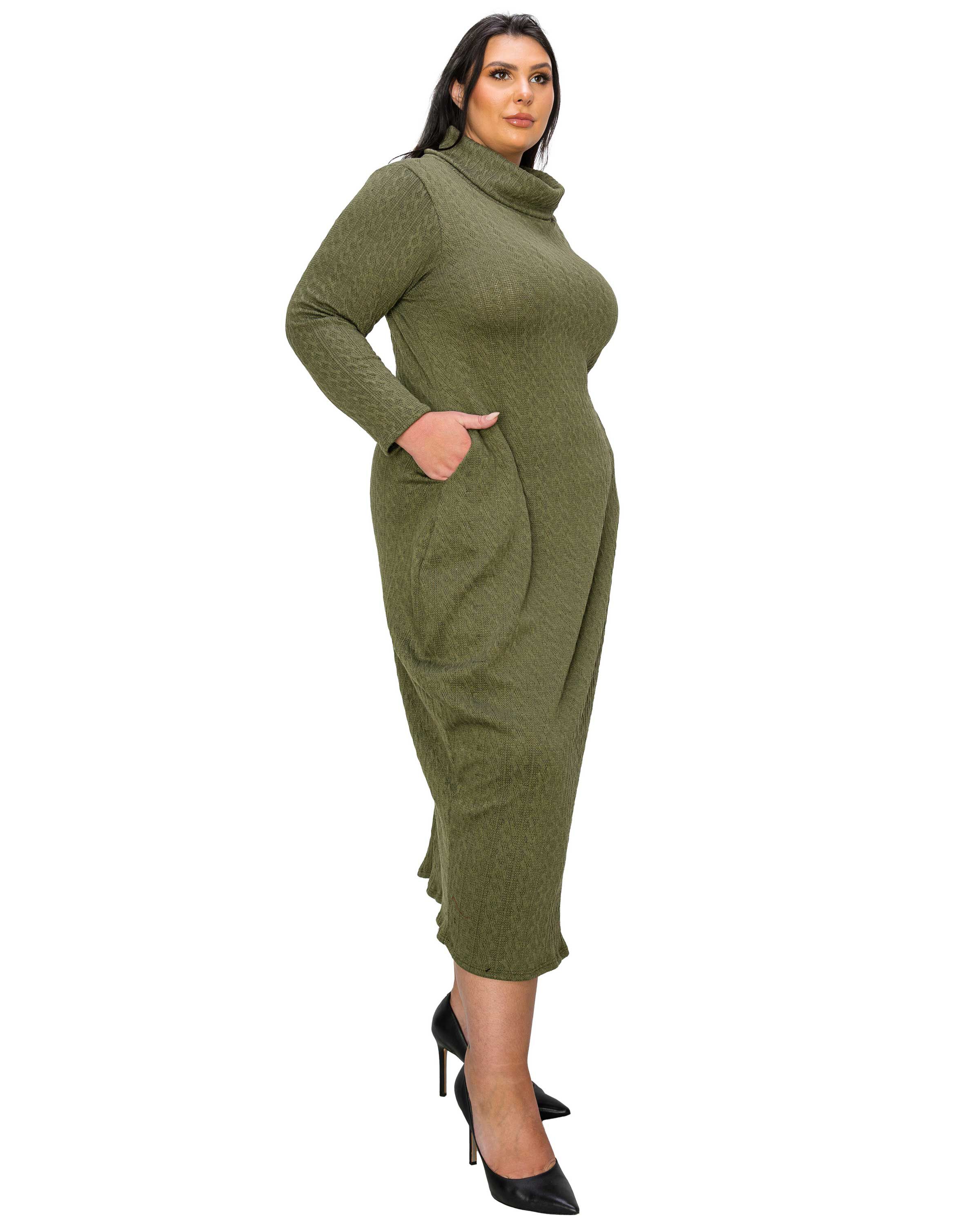 LANA COWL TURTLE NECK POCKET SWEATER DRESS, Olive / Olive Green, alternate image number 2