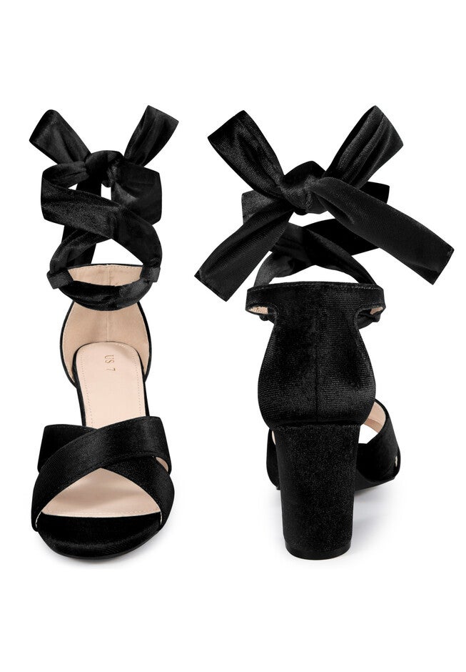 Chunky Heel Cross Strap Lace Up Velvet Sandals, Black / Black, alternate image number null
