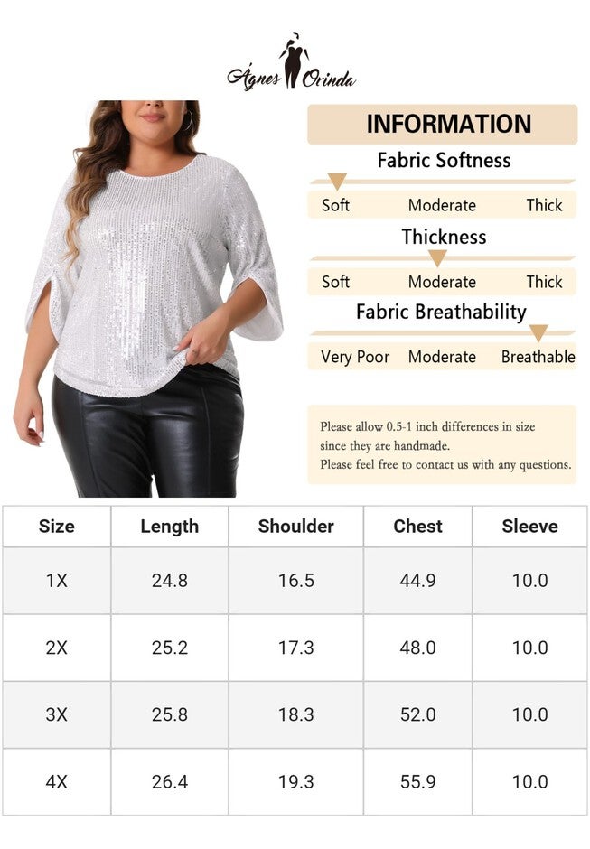 Glitter 3/4 Slit Sleeve Shimmer Sequin Blouse Top, Silver / Silver, alternate image number 4