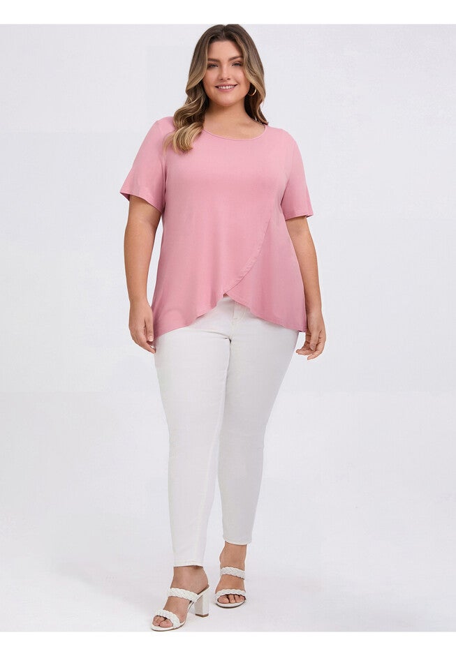 Short Sleeve Blouse Crossover Asymmetric Tulip Hem Top, Pink / Pink, alternate image number 1