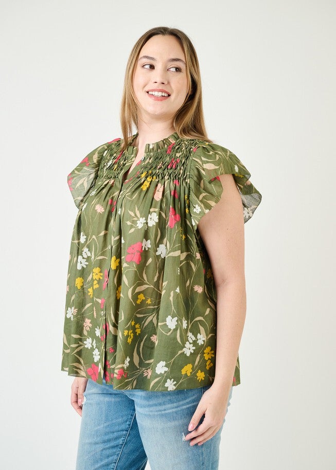 Marissa Smocked Floral Top, N686 GREEN / Light Green, alternate image number 1