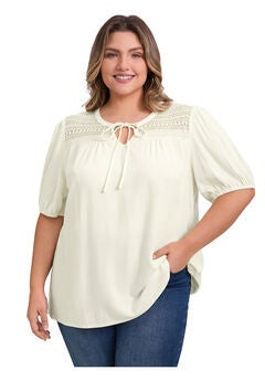 Lace Panel Tie Neck Top Half Puff Sleeve Blouse