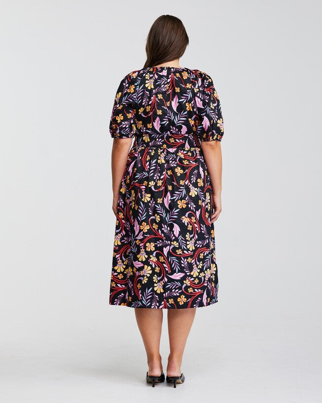 Flamingo Floral Midi Puff Sleeve Dress, Print / Black, alternate image number null